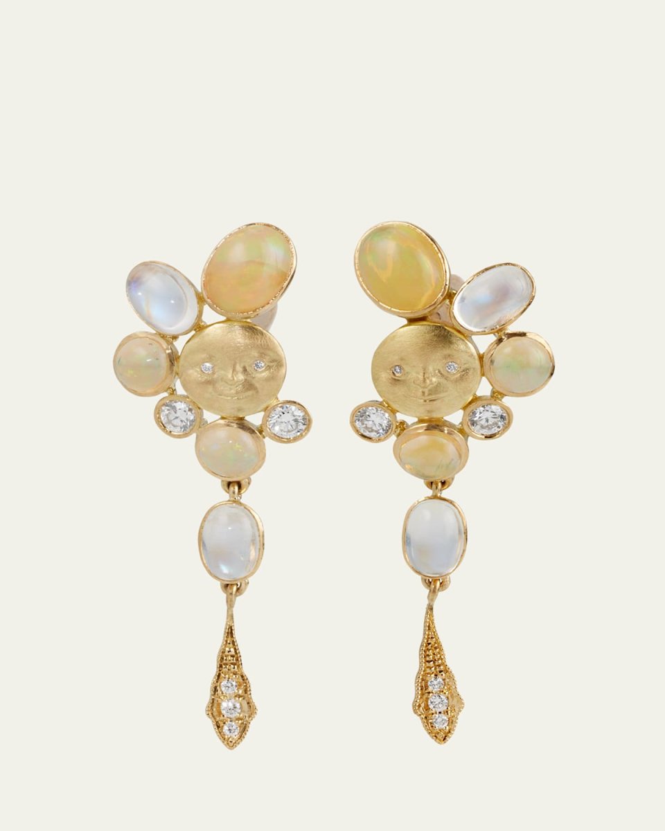 18K Yellow Gold Lunar Ellipse Stud Earrings with Diamonds, Opal and Moonstone